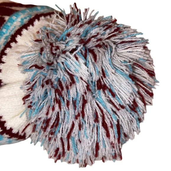 New York Beanie Trapper Hat w/ Ear Flaps, Braided Ties and Pom Poms WHT-BLU-BUR - Picture 6 of 7